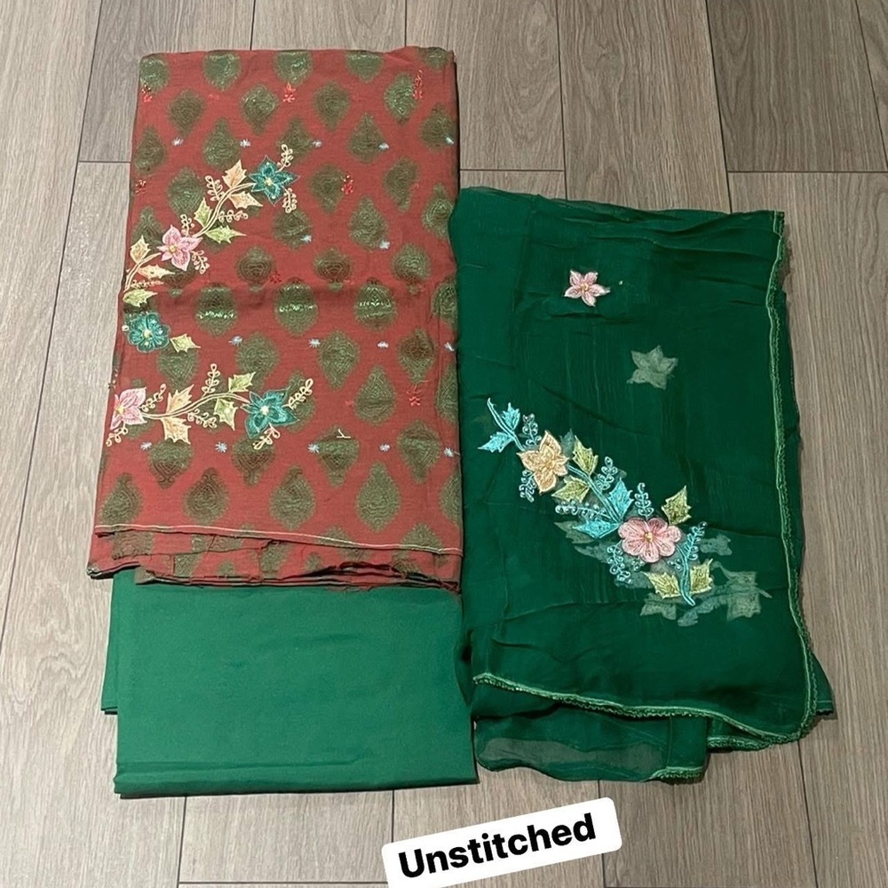 Embroidered Green and Red Unstitched Fabric Set